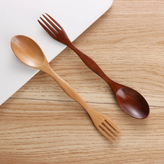 1PC 2 In1 Natural Wood Cutlery Dual Head Soup Spoon Fork Dinner Tableware Set DIY Kitchen Cutlery Flatware Accessories Wholesale